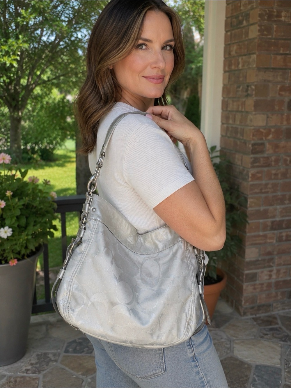Vintage Y2K Coach  Silver Signature Hobo Shoulder Bag